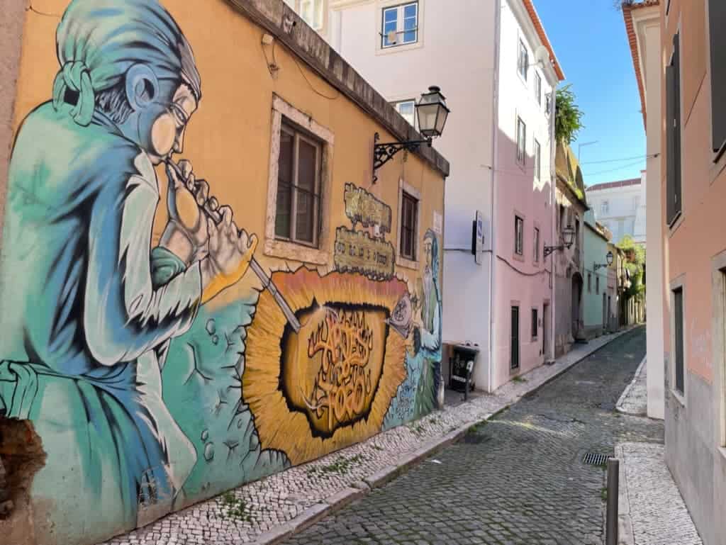 colorful mural art on the walls of Lisbon's Chiado neighborhood