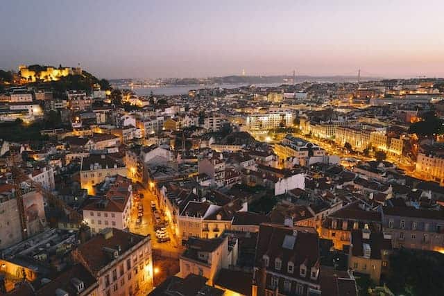 Lisbon at night aerial view of city