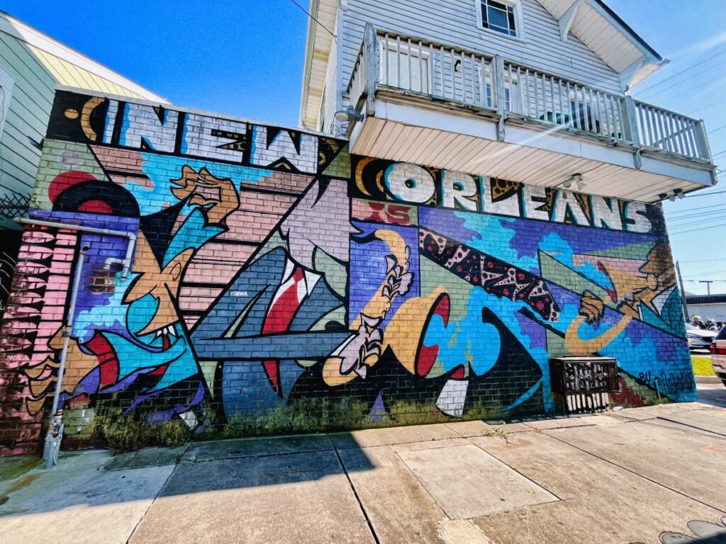 colorful mural in front of a jazz club, Marigny, in New Orleans