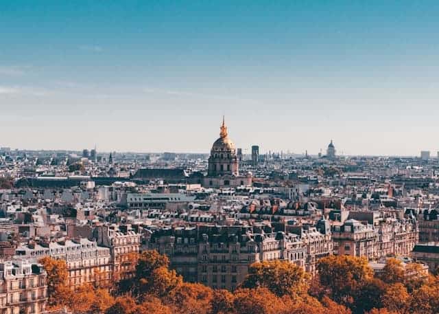 Aerial view over city of Paris in the fall