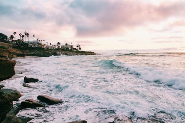 Things to do alone in San Diego include being surrounded by beautiful coastal vibes like this one of pinkish clouds above the ocean with palm trees in the distance