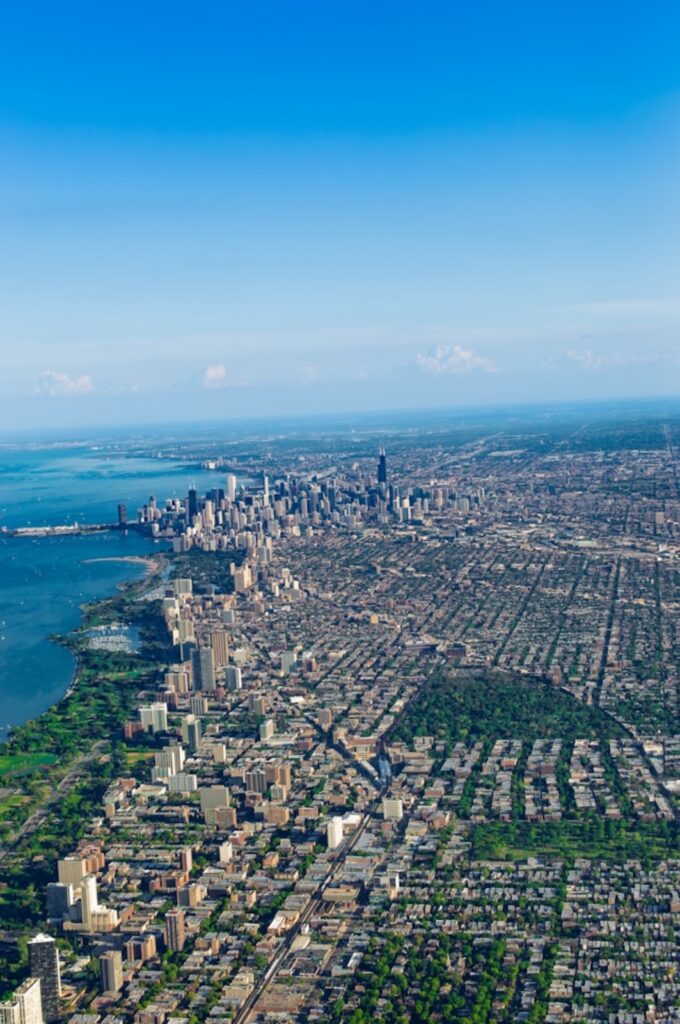 aerial view over Chicago city, with Lake Michigan on the left
