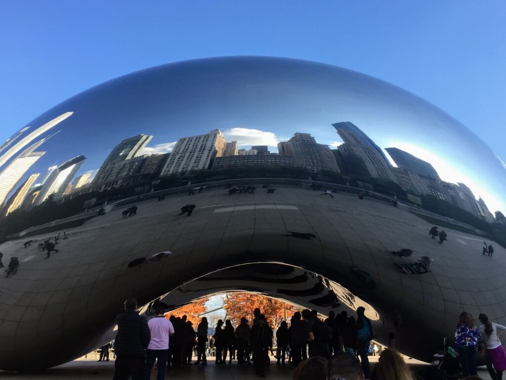The bean, or cloud gate, sculpture in Millennium Park Chicago should be a stop on your Chicago 4 day itinerary