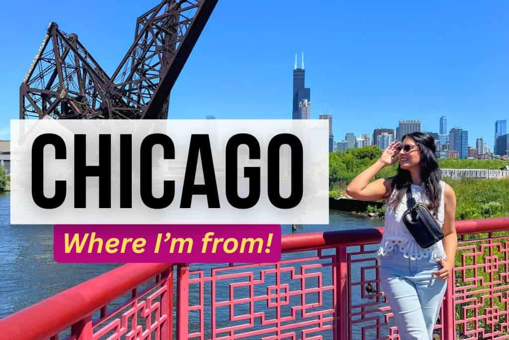 Image of Chicago in the background with woman leaning against a red fence in front of water. Text says, Chicago, where I'm from