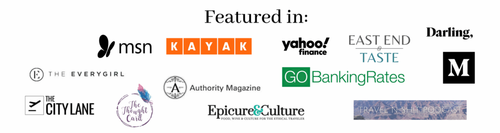 A collage of logos under the heading “Featured in:” showcasing media outlets and platforms, including MSN, Kayak, Yahoo! Finance, East End Taste, Darling, Medium, The Everygirl, Authority Magazine, GO Banking Rates, The City Lane, The Thought Card, Epicure & Culture, and Travel N Sh!t Podcast.