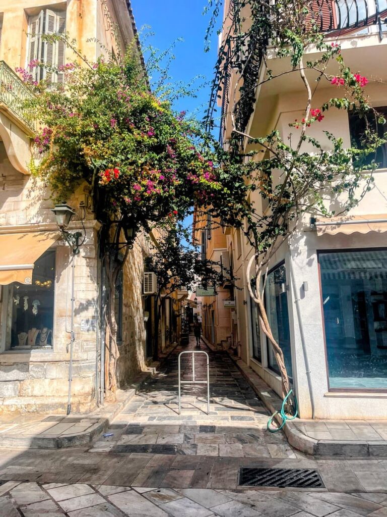 Quiet stone-paved alley framed by blooming bougainvillea, with a jewelry store on the left and modern building façades on the right. The path leads into the shaded interior of the old town.