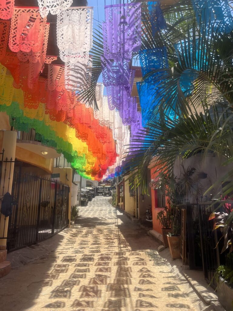 A narrow cobblestone street in Mexico shaded by papel picado banners in rainbow colors, casting intricate shadows on the ground. The vibrant decorations hang between colorful buildings and palm leaves under bright midday sun.