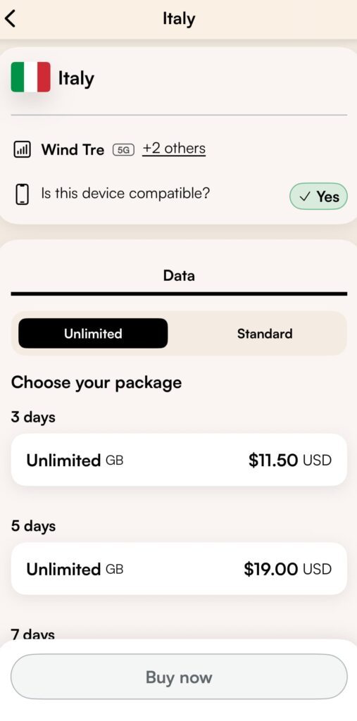 Screenshot of an Italy eSIM data plan page showing unlimited and standard package options with pricing for 3 day and 5 day plans. The screen displays compatibility confirmation and network options including “Wind Tre 5G.”