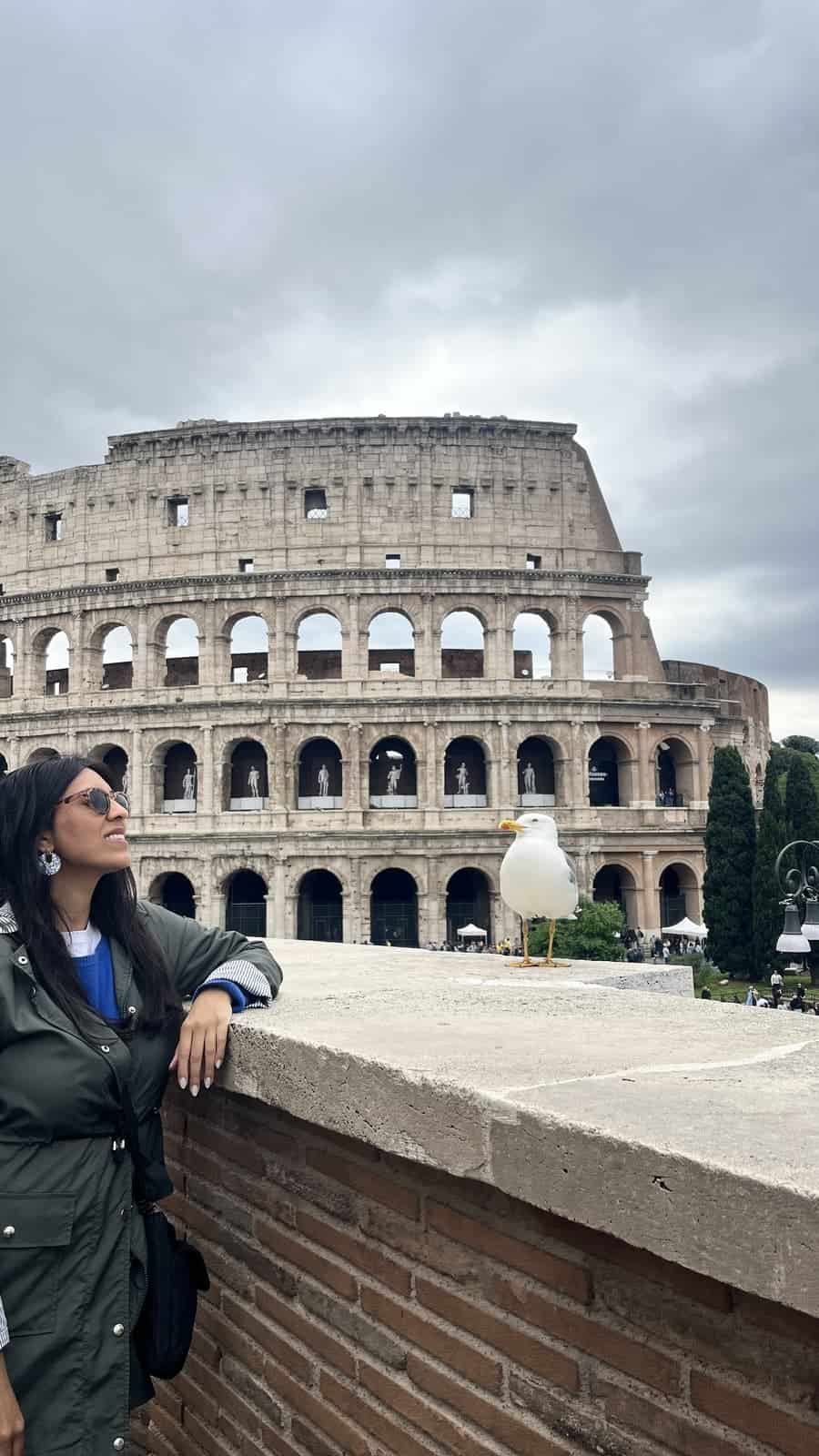A person wearing sunglasses and a green jacket looks toward a seagull perched on a stone wall with the Colosseum rising behind them. The overcast sky adds a dramatic backdrop to the iconic Roman landmark.