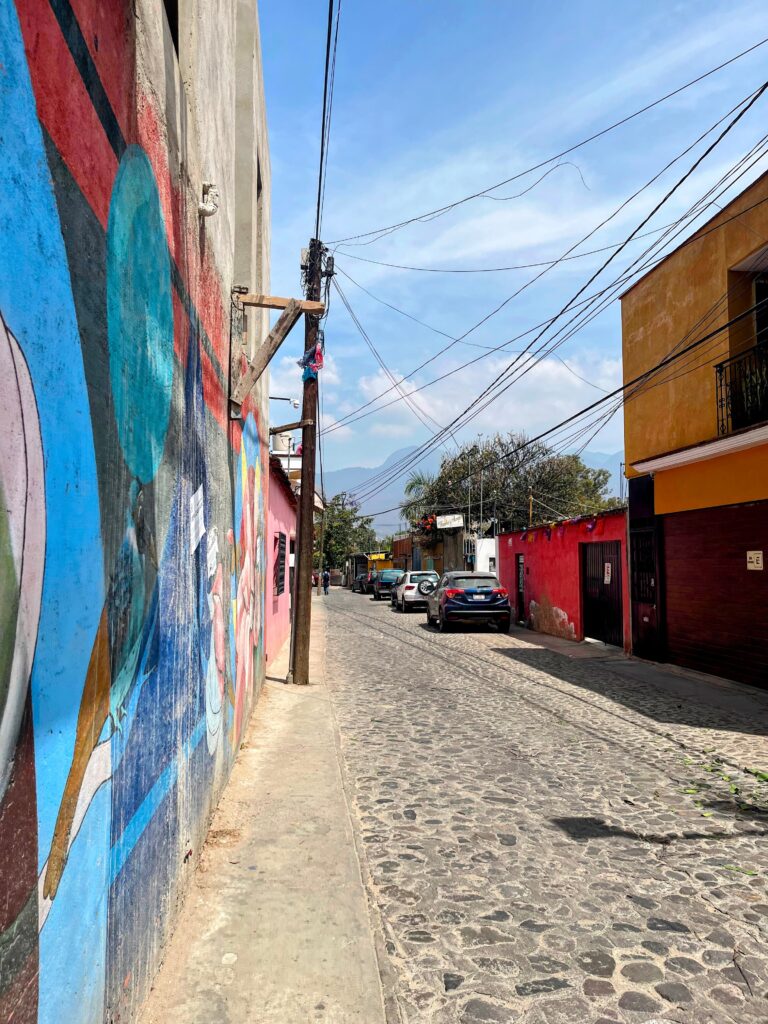 A quiet cobblestone street lined with colorful homes and murals stretches toward distant mountains under a bright blue sky. Utility poles, parked cars, and vivid painted walls capture the everyday charm of a residential neighborhood in Oaxaca.